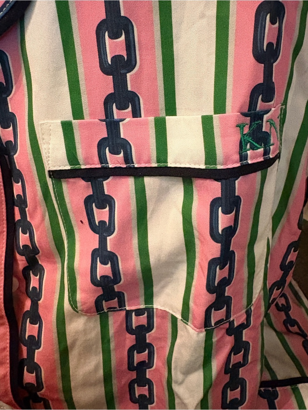 Katie Kime Pink, Green & Navy Striped Chain-Print Pajama set KN initials